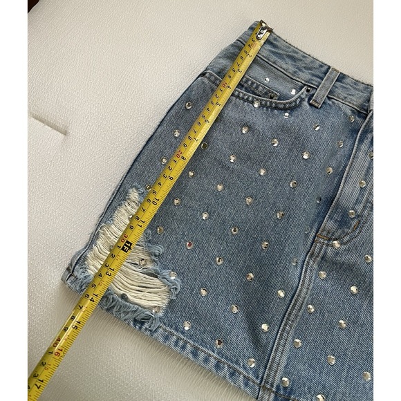 Y2K Rhinestone Studded Denim Mini Skirt Womens 26 US 2 Distressed Club Fairycore - Picture 6 of 7